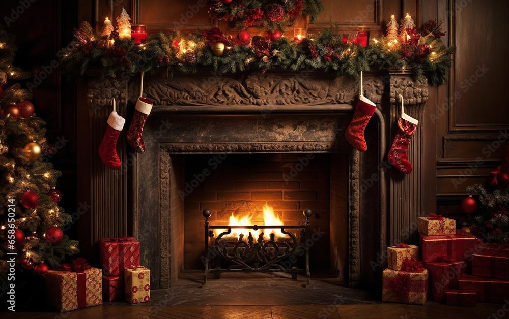 Christmas, fireplace with decorations Christmas, fireplace with decorations