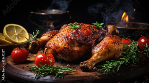 Roast chicken with rosemary, lemon and spices on black background