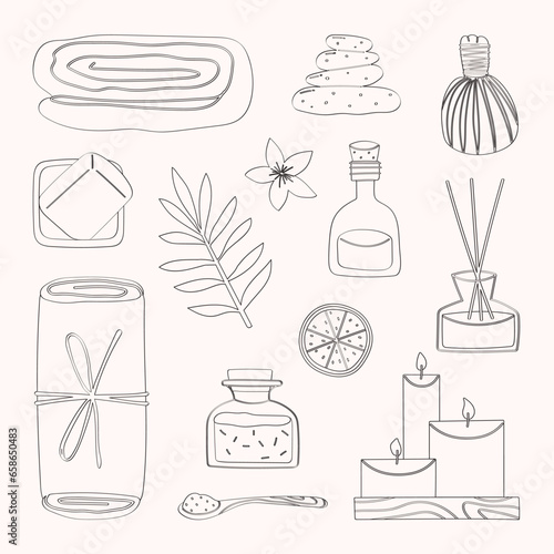 Lined Beauty and spa treatment elements with towel, stones, herbal ball, essentials oil, soap, mineral salt and aromatherapy illustration