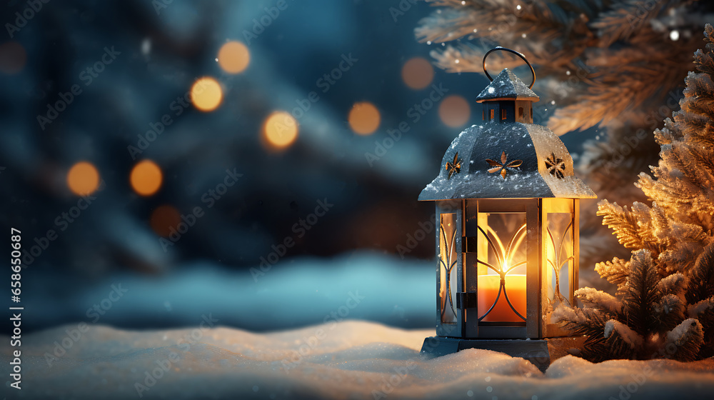 Lantern with a candle on a wooden table with a festive Christmas in the winter snow. Lantern with a candle on a wooden table with a festive Christmas in the winter snow.