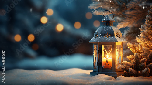 Lantern with a candle on a wooden table with a festive Christmas in the winter snow.