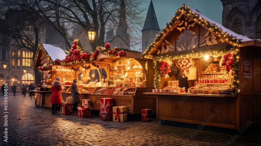 A charming Christmas market with wooden stalls selling festive treats and decorations.