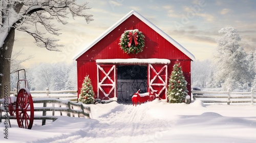A charming red barn in a snowy field, with a wreath on the door and a horse-drawn sleigh nearby.