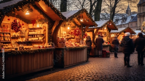 A charming Christmas market with wooden stalls selling festive treats and decorations. © AQ Arts