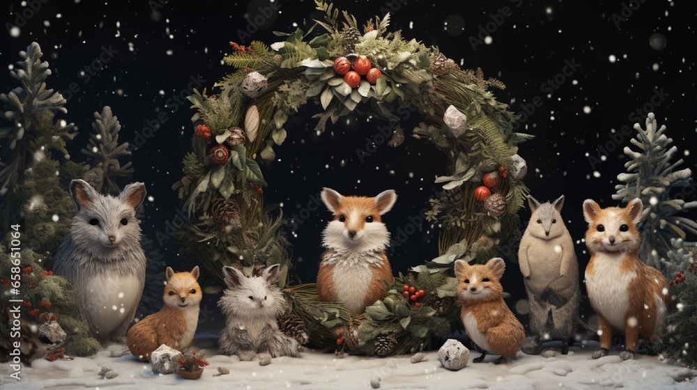 Obraz premium A group of adorable woodland animals gathered around a festive wreath in the snow.