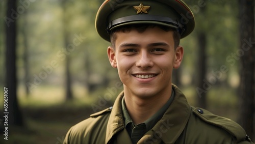 Young russian soldier in the woods smiling  photo