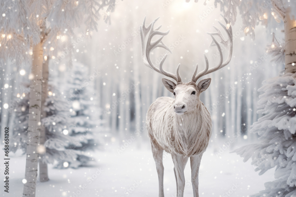 White and silver fur reindeer in a snowy magical winter wonderland White and silver fur reindeer in a snowy magical winter wonderland