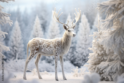 White and silver fur reindeer in a snowy magical winter wonderland