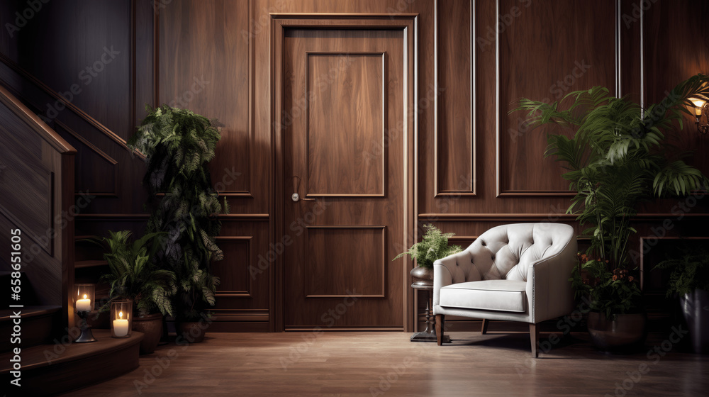 Modern Entrance Hall with Sleek Door & Wooden Paneling Walls Interior Design, generative Ai Modern Entrance Hall with Sleek Door & Wooden Paneling Walls Interior Design, generative Ai