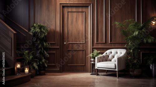 Modern Entrance Hall with Sleek Door   Wooden Paneling Walls Interior Design  generative Ai