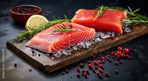 Fresh raw tuna fish fillet with herbs and spices on black background