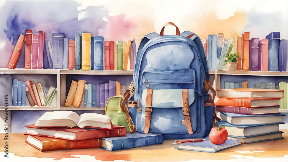watercolor school books, textbooks, backpack with library background - obrazy, fototapety, plakaty 