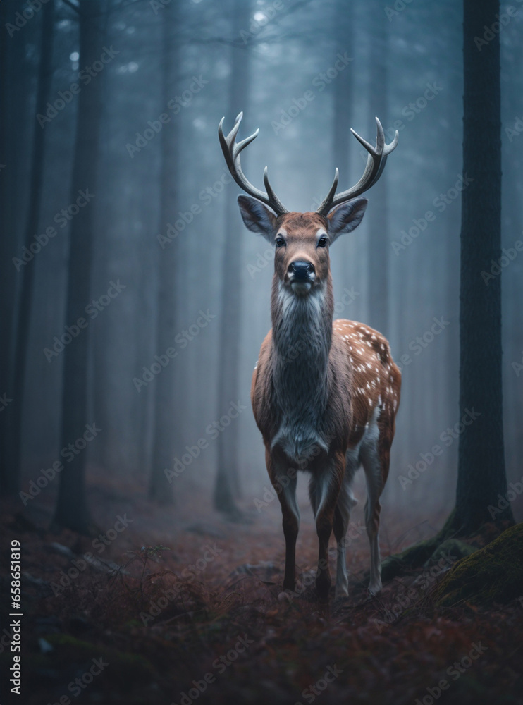 Fototapeta premium Axis deer in a forest animal fog ghostly eerie atmosphere