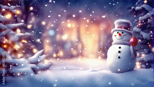 A lone snowman surrounded by falling snow shimmers with mesmerizing light bokeh. © jojokrap