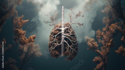 Abstract illustration of human lungs with smoke and fog. Ecology and health care concept. 