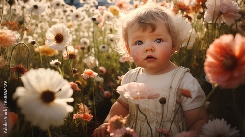 Portrait of a cute little baby girl in a field of flowers