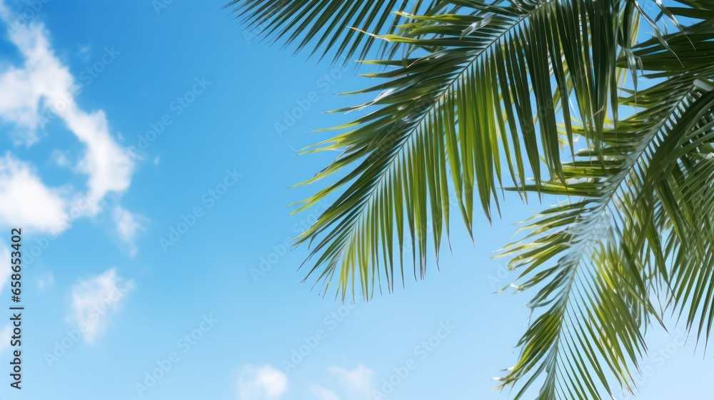 Closeup palm tree against blue sky with sun shine light 