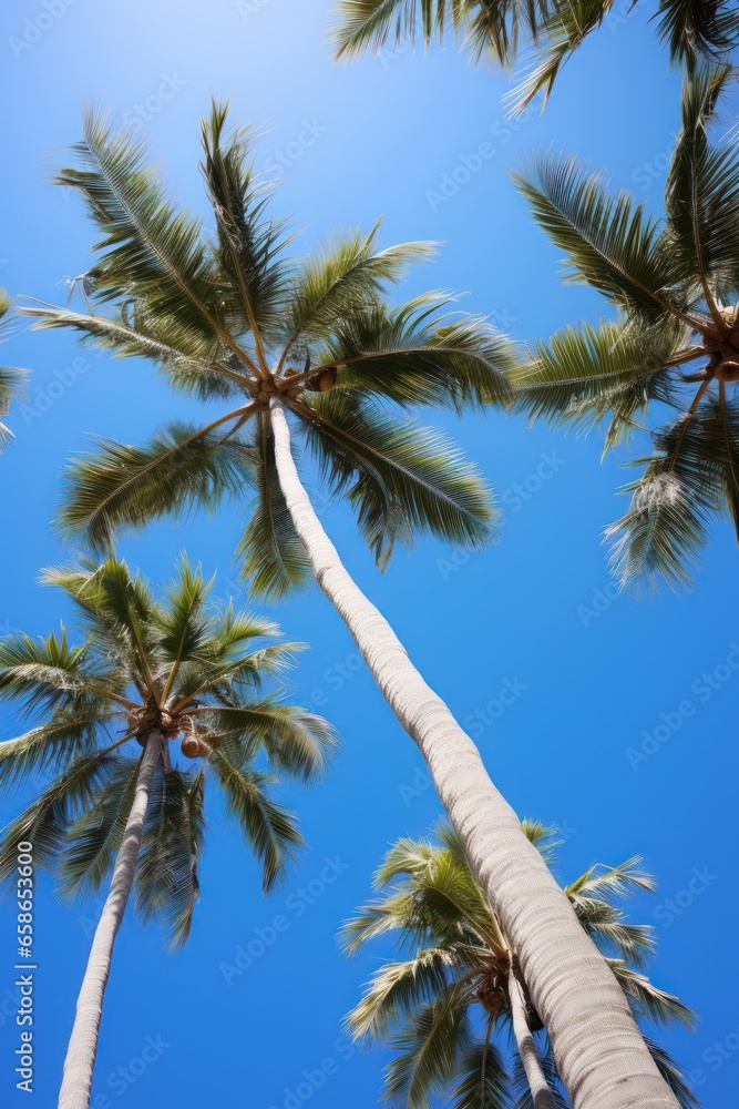 Bottom view of palm tree with blue sky 
