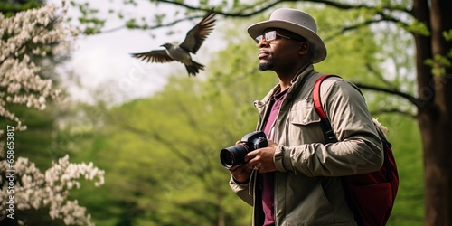 African american birdwatcher documenting rare bird species in an urban park, concept of Biodiversity conservation photo