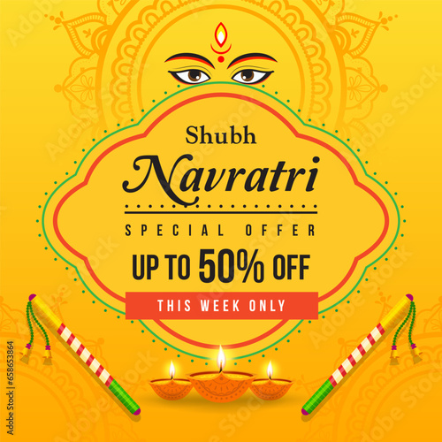 Shubh Navratri(Happy Navratri) sale template vector illustration. Goddess Mahadevi, Dance sticks and Diya oil lamps on yellow background.