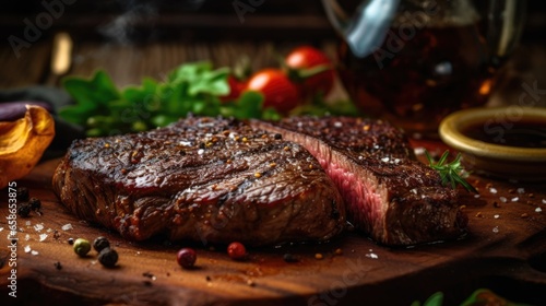 Grilled beef steak with herbs and spices on a cutting board.