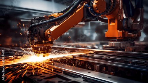 Laser Robot Cutting Metal in an Advanced Industrial Factory Setting, generative Ai