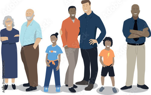 illustration vectorielle représentant une famille multi génération métissée heureuse. Parents, enfants et grands parents