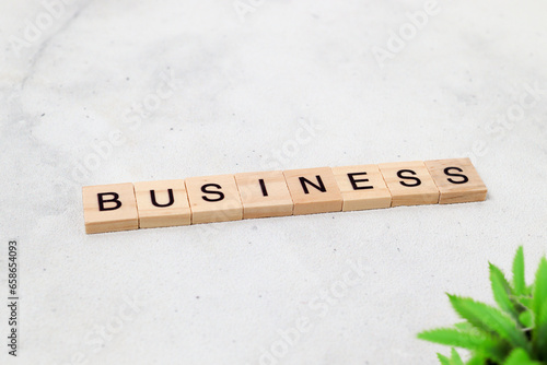 Top view of Business word on wooden cube letter block on white background. Business concept