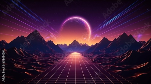 sunset between the mountains. Design in the style of the 80s.