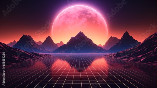 sunset between the mountains. Design in the style of the 80s.