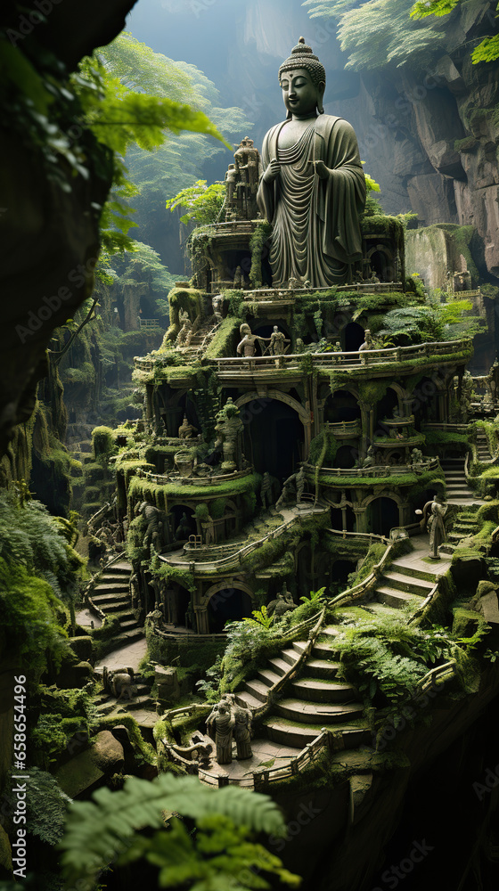 Serene Sanctuary: The Majestic Temple in the Jungle,buddha statue at temple Serene Sanctuary: The Majestic Temple in the Jungle,buddha statue at temple