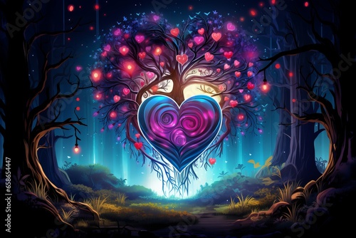 A heart in the night, with trees behind it