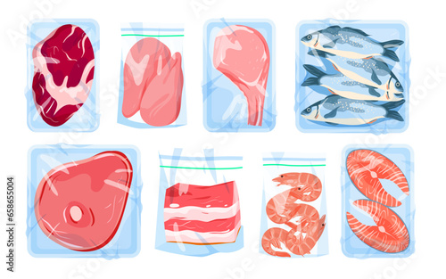 Meat, poultry and seafood in plastic trays set vector illustration. Cartoon isolated protein food products in supermarket packages collection, frozen or fresh beef steak and fish, chicken and shrimp