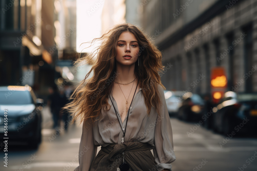 Fashionable young woman walking confidently down a city street