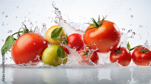 Tomatoes falling into water with splash on white background, closeup