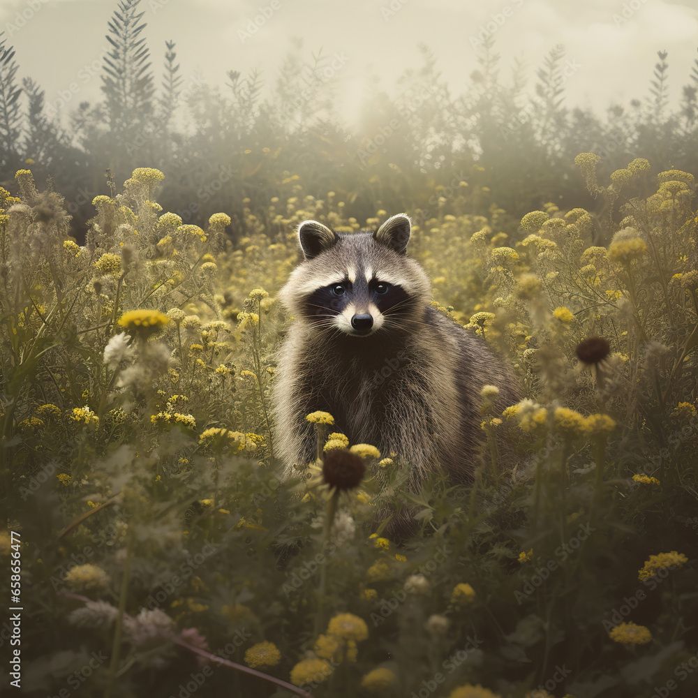 Nature's Acrobat: A Raccoon Amidst a Field of Wildflowers