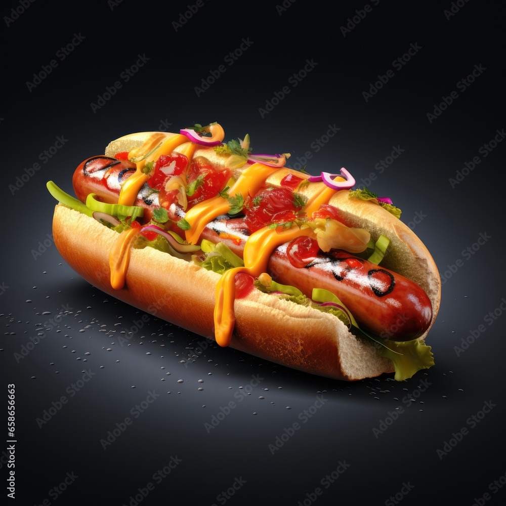 Tasty delicious hot dog on a dark background. Generative AI. Tasty delicious hot dog on a dark background. Generative AI.