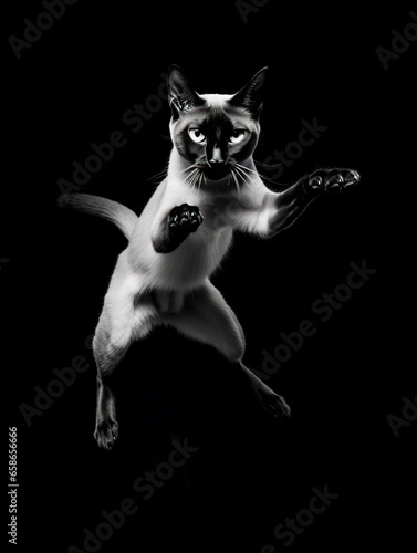 Ethereal Flight  A Siamese Cat Leaping in the Dark black and white cat on black background