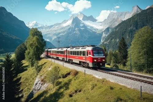 Suburban passenger train. A locomotive pulls a passenger train along a winding road among the summer forest and mountains. Picturesque scenery and train travel.