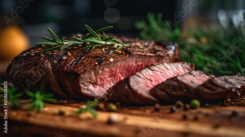 Grilled beef steak with rosemary and spices on a wooden board photo