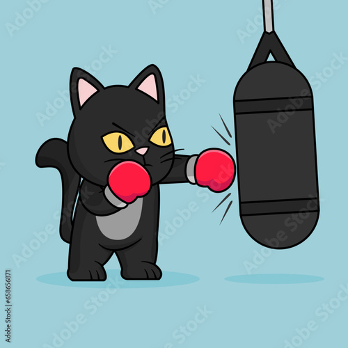 Funny cartoon Cats Cute Black Cat Vector Design. Sport Boxing Day