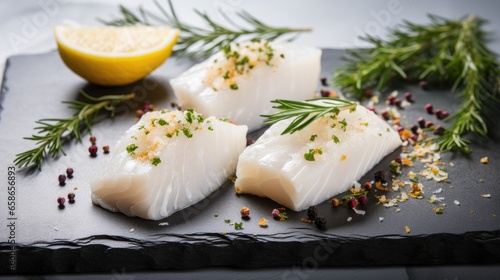 Raw white fish fillet with spices and lemon on wooden cutting board