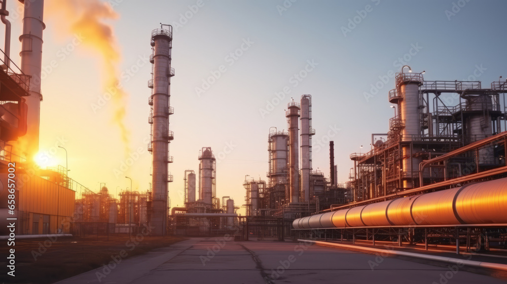 Oil refinery from an industrial zone with oil and gas petrochemical industry storage tank steel pipeline steel oil refinery