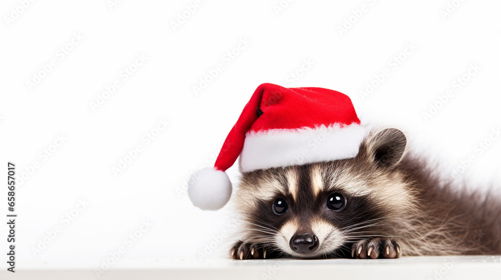 Cute raccoon dressed in Santa Claus hat on white background, space for text, Merry Christmas, New Year card, generative AI Cute raccoon dressed in Santa Claus hat on white background, space for text, Merry Christmas, New Year card, generative AI