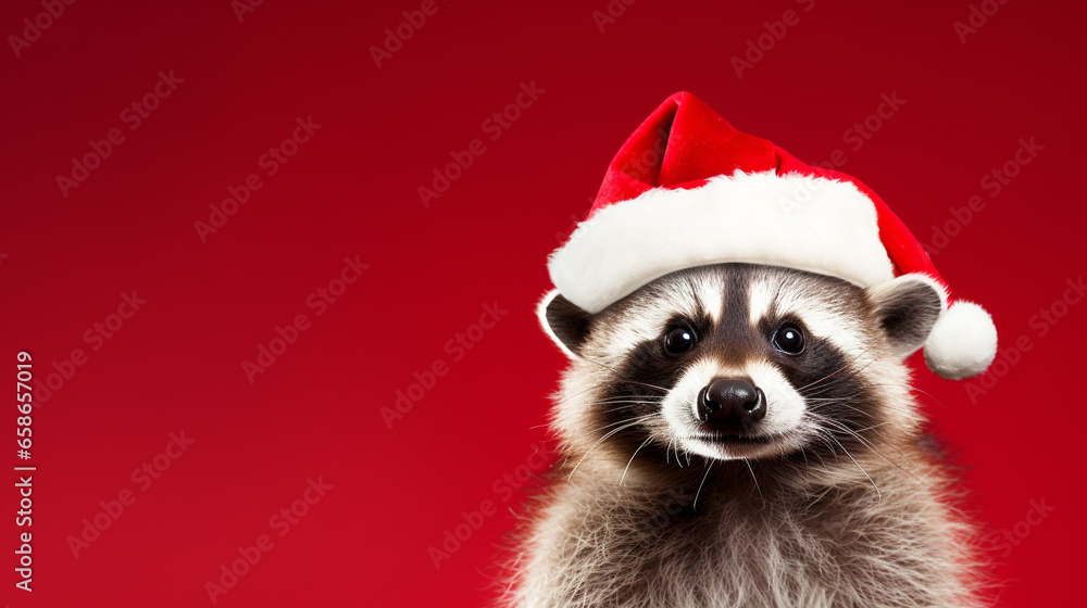 Cute raccoon dressed in Santa Claus hat, on red background, space for text, Merry Christmas, New Year card, generative AI Cute raccoon dressed in Santa Claus hat, on red background, space for text, Merry Christmas, New Year card, generative AI