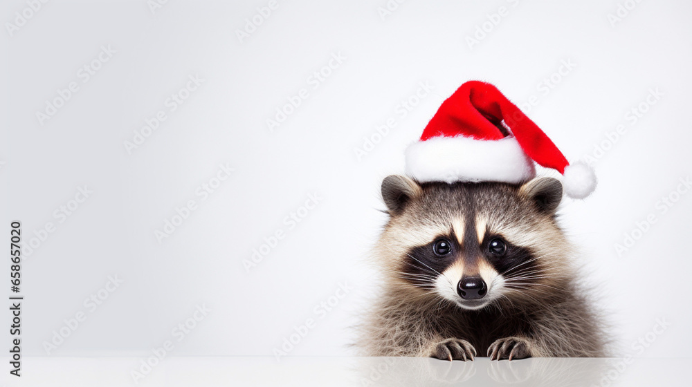 Cute raccoon dressed in Santa Claus hat on white background, space for text, Merry Christmas, New Year card, generative AI Cute raccoon dressed in Santa Claus hat on white background, space for text, Merry Christmas, New Year card, generative AI