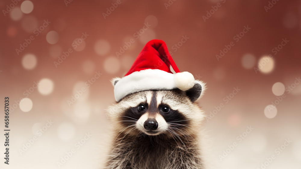 Cute raccoon dressed in Santa Claus hat, space for text, Merry Christmas, New Year card, generative AI Cute raccoon dressed in Santa Claus hat, space for text, Merry Christmas, New Year card, generative AI