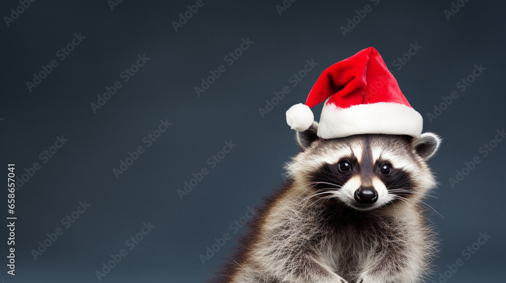 Cute raccoon dressed in Santa Claus hat, space for text, Merry Christmas, New Year card, generative AI Cute raccoon dressed in Santa Claus hat, space for text, Merry Christmas, New Year card, generative AI