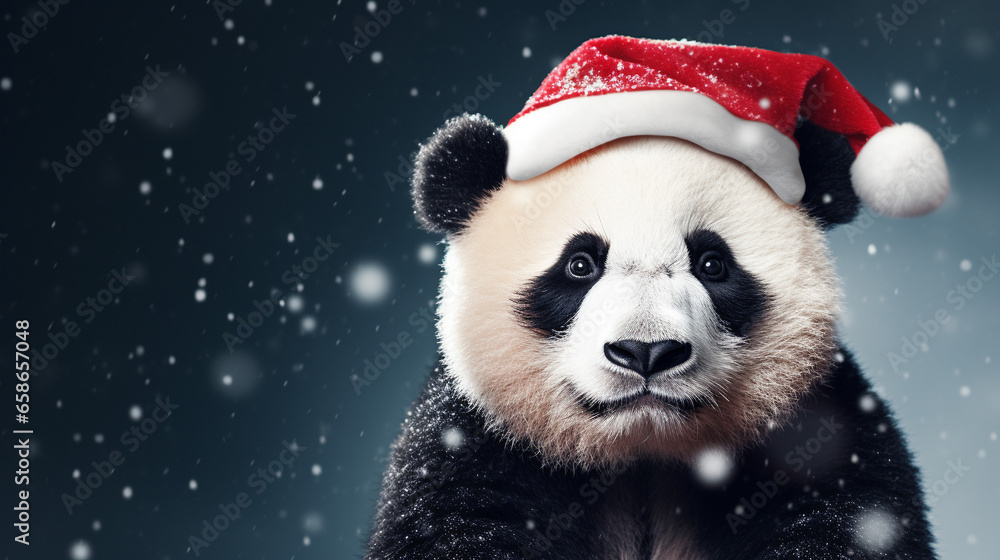 Panda dressed in Santa Claus hat, space for text, Merry Christmas, New Year card, generative AI Panda dressed in Santa Claus hat, space for text, Merry Christmas, New Year card, generative AI