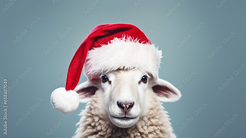 Sheep dressed in Santa Claus hat, space for text, Merry Christmas, New Year card, generative AI
